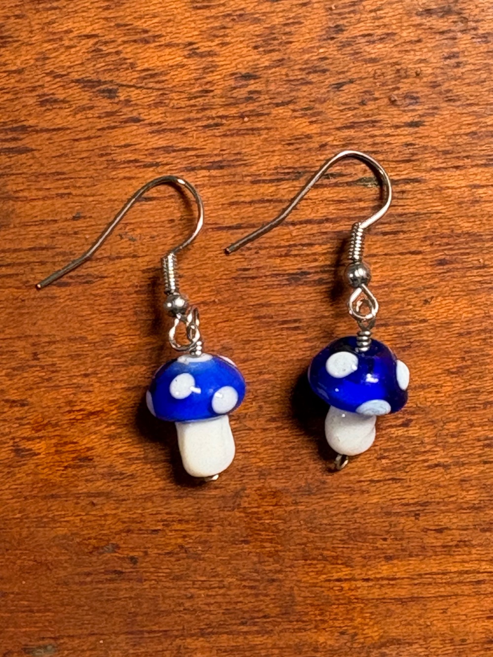 Blue and White Mushroom Glass Dangle Earrings